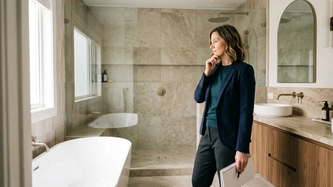 Bathroom renovation specialist reviewing a finished bathroom