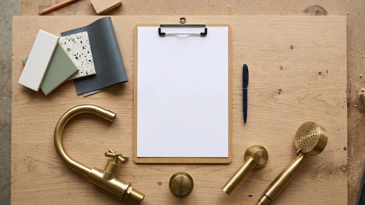 Bathroom renovation planning checklist with tile samples and tapware