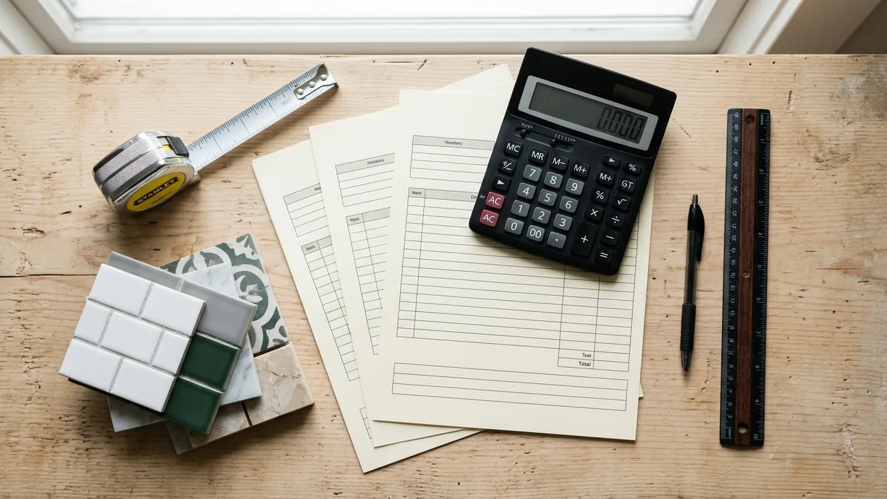 Bathroom renovation cost estimate with calculator, tape measure and tile samples